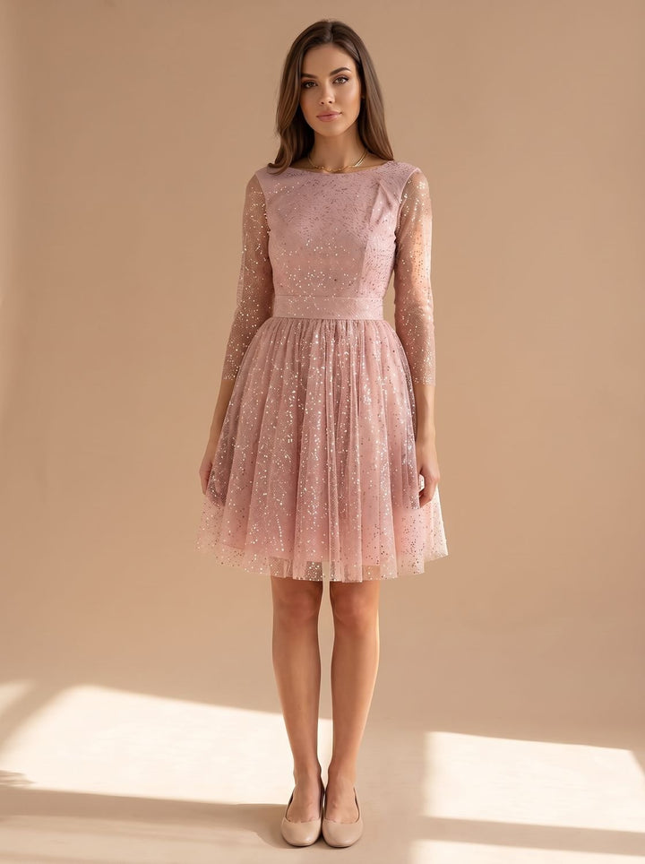Women's Long-Sleeve Glitter Tulle A-Line Occasion Dress - Champagne