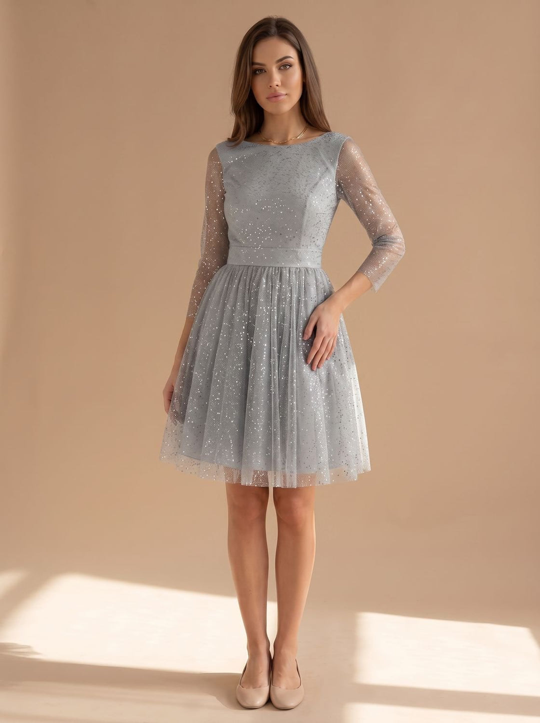Women's Long-Sleeve Glitter Tulle A-Line Occasion Dress - Gray