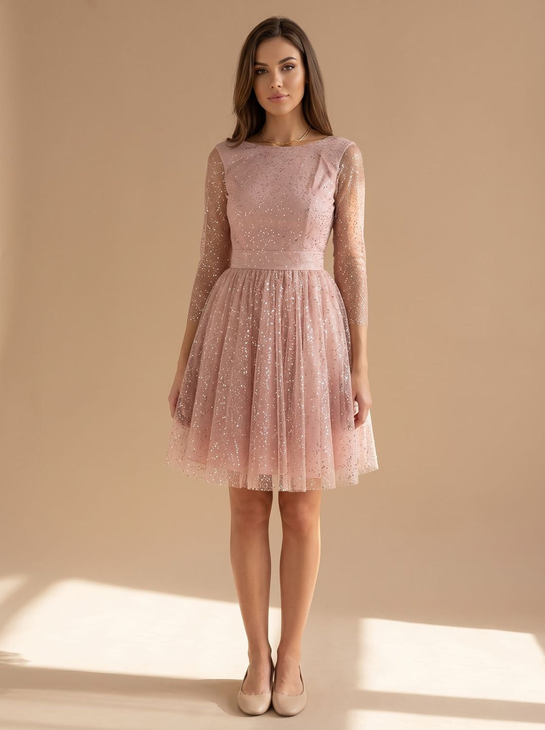 Women's Long-Sleeve Glitter Tulle A-Line Occasion Dress - Pink