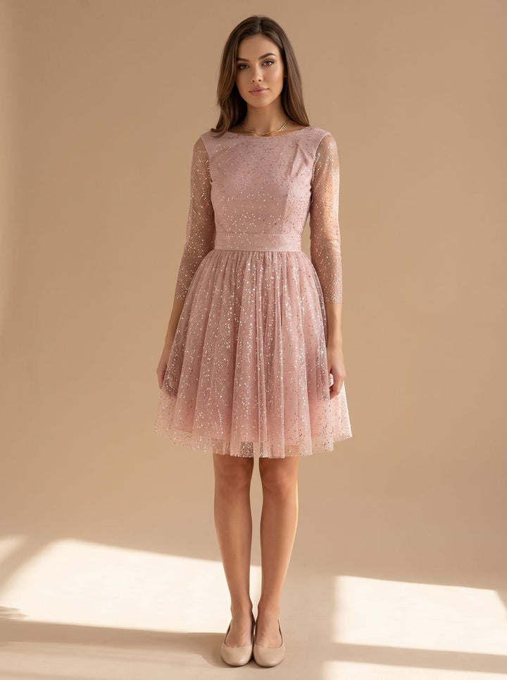 Women's Long-Sleeve Glitter Tulle A-Line Occasion Dress - Pink
