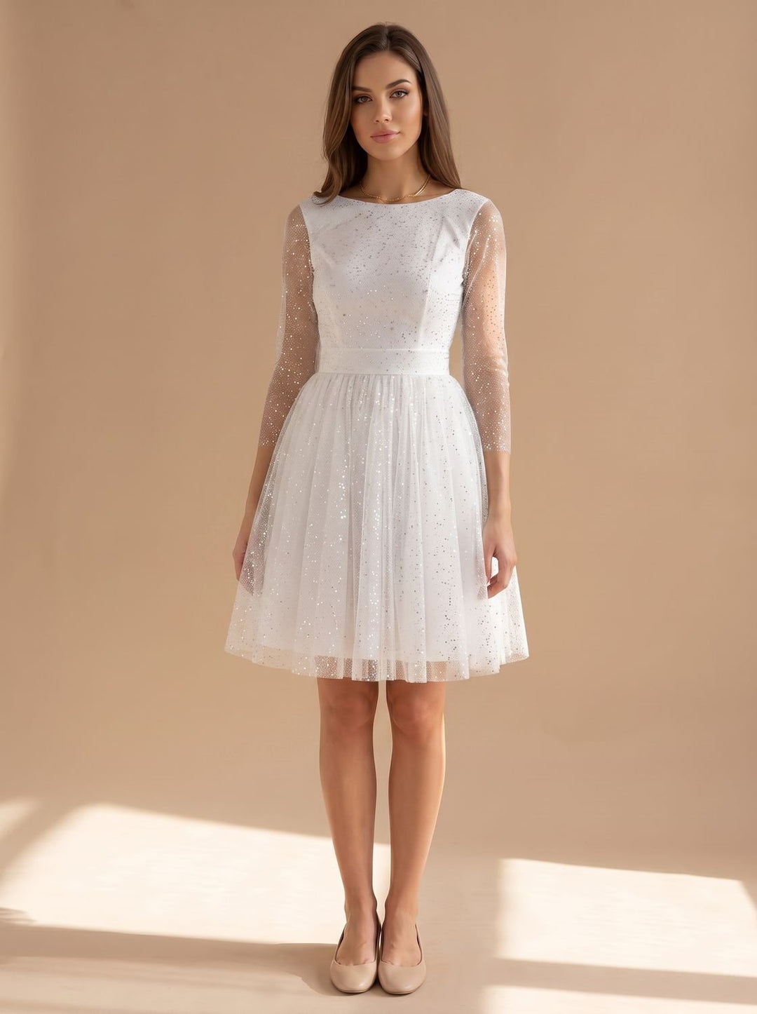 Women's Long-Sleeve Glitter Tulle A-Line Occasion Dress - White