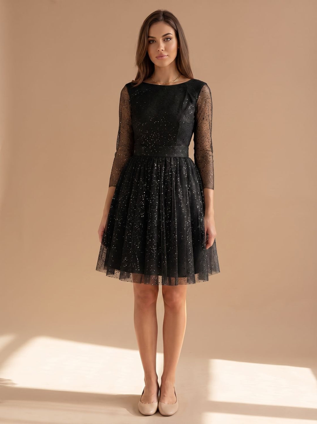 Women's Long-Sleeve Glitter Tulle A-Line Occasion Dress - Black