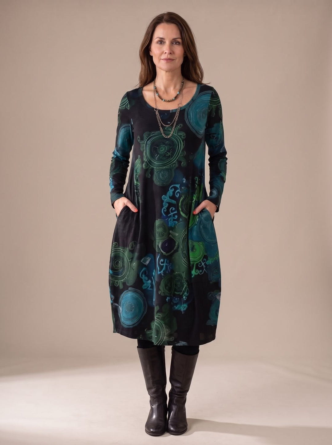 Women's Long-Sleeve Loose-Fit Midi Dress Allover Print Pockets - Blue