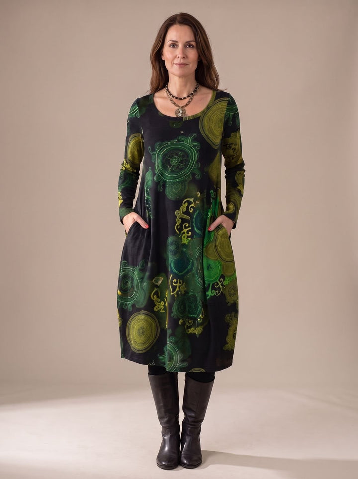 Women's Long-Sleeve Loose-Fit Midi Dress Allover Print Pockets - Green