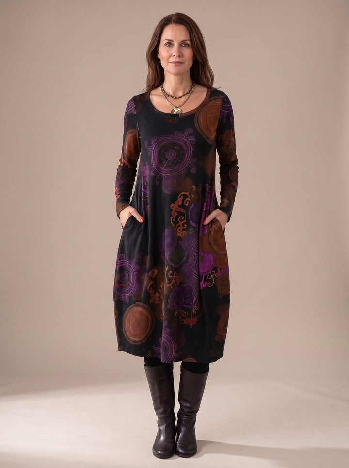 Women's Long-Sleeve Loose-Fit Midi Dress Allover Print Pockets - Red