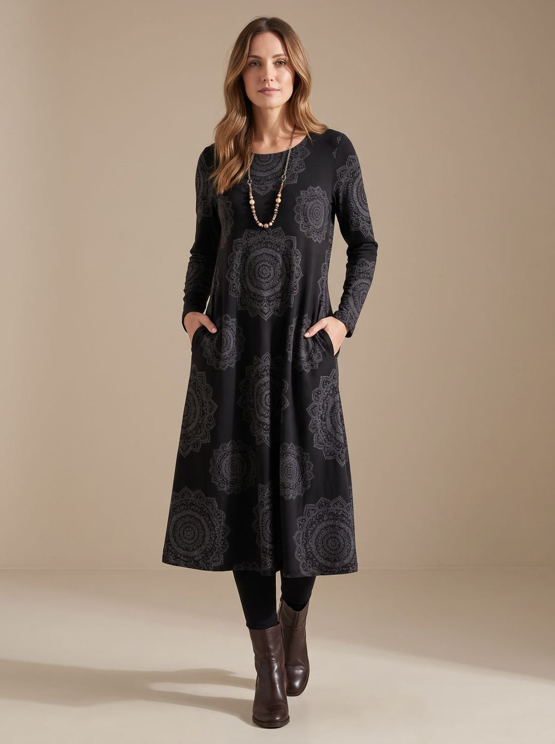 Women's Long-Sleeve Loose-Fit Midi Dress Allover Print Pockets - Black