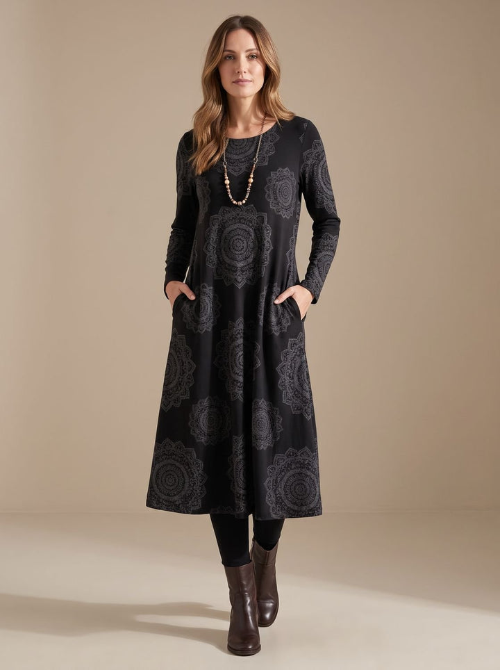 Women's Long-Sleeve Loose-Fit Midi Dress Allover Print Pockets - Black