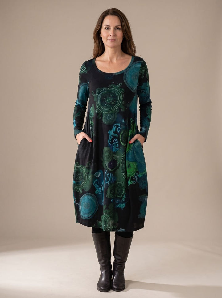Women's Long-Sleeve Loose-Fit Midi Dress Allover Print Pockets