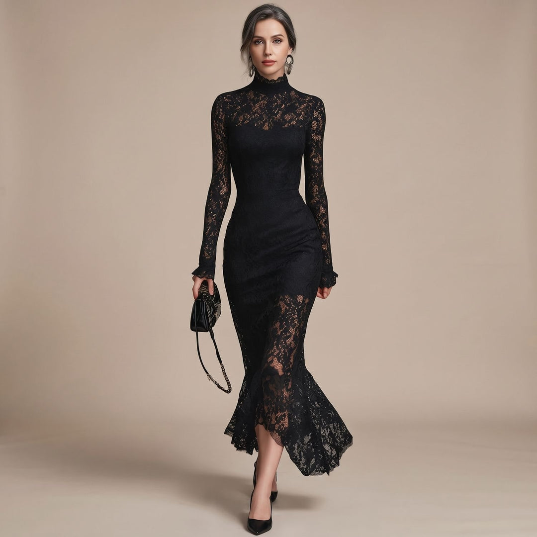 Women's Long-Sleeve Mock-Neck Lace Dress Fishtail Maxi - Black