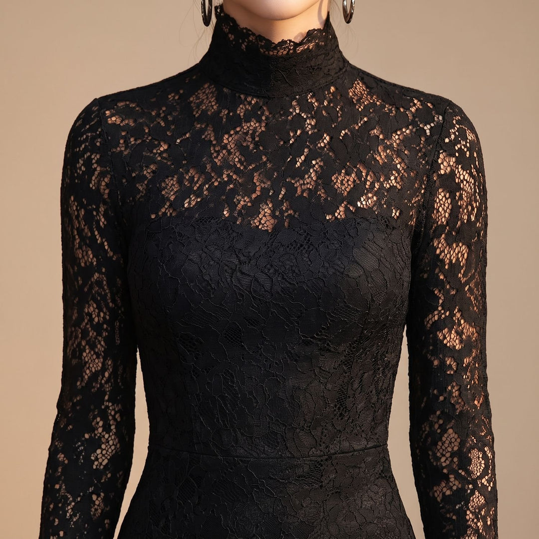Women's Long-Sleeve Mock-Neck Lace Dress Fishtail Maxi