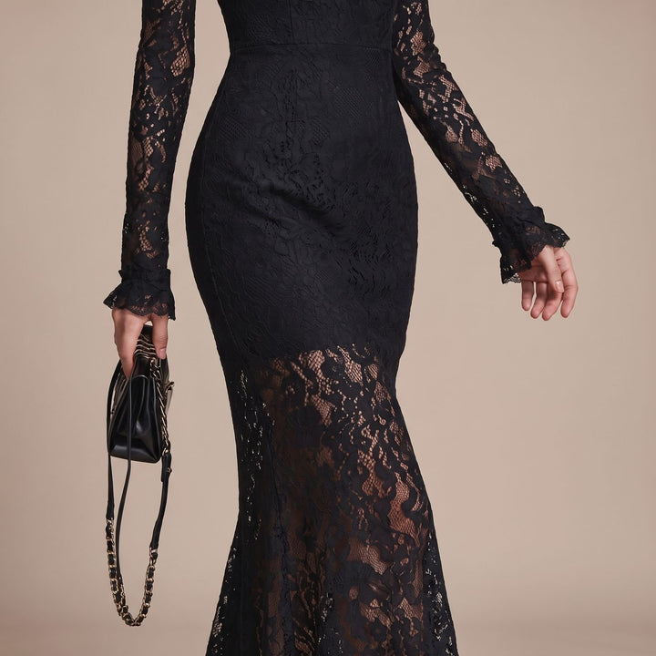 Women's Long-Sleeve Mock-Neck Lace Dress Fishtail Maxi