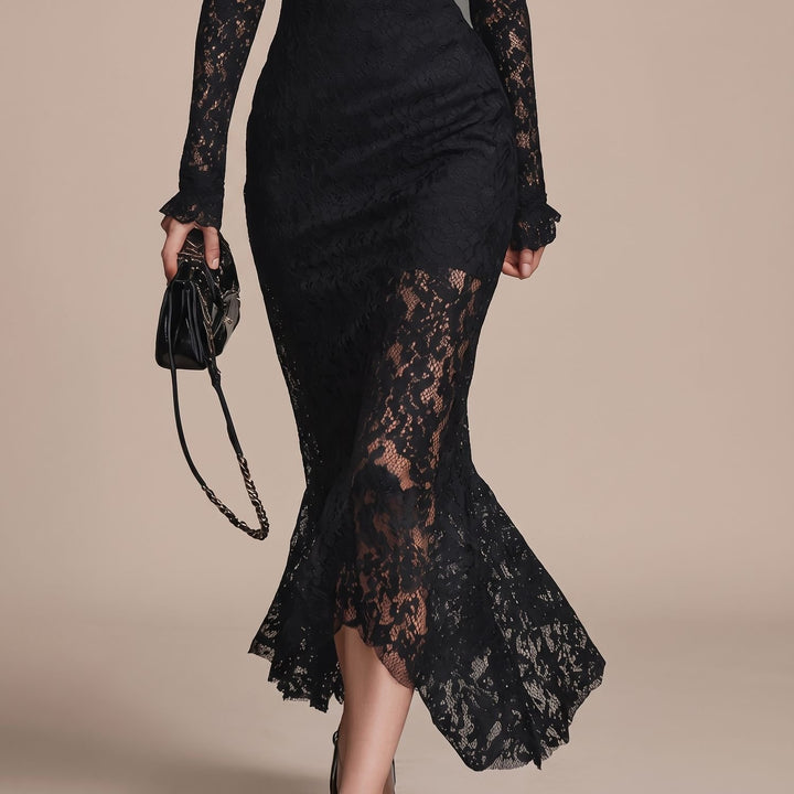 Women's Long-Sleeve Mock-Neck Lace Dress Fishtail Maxi