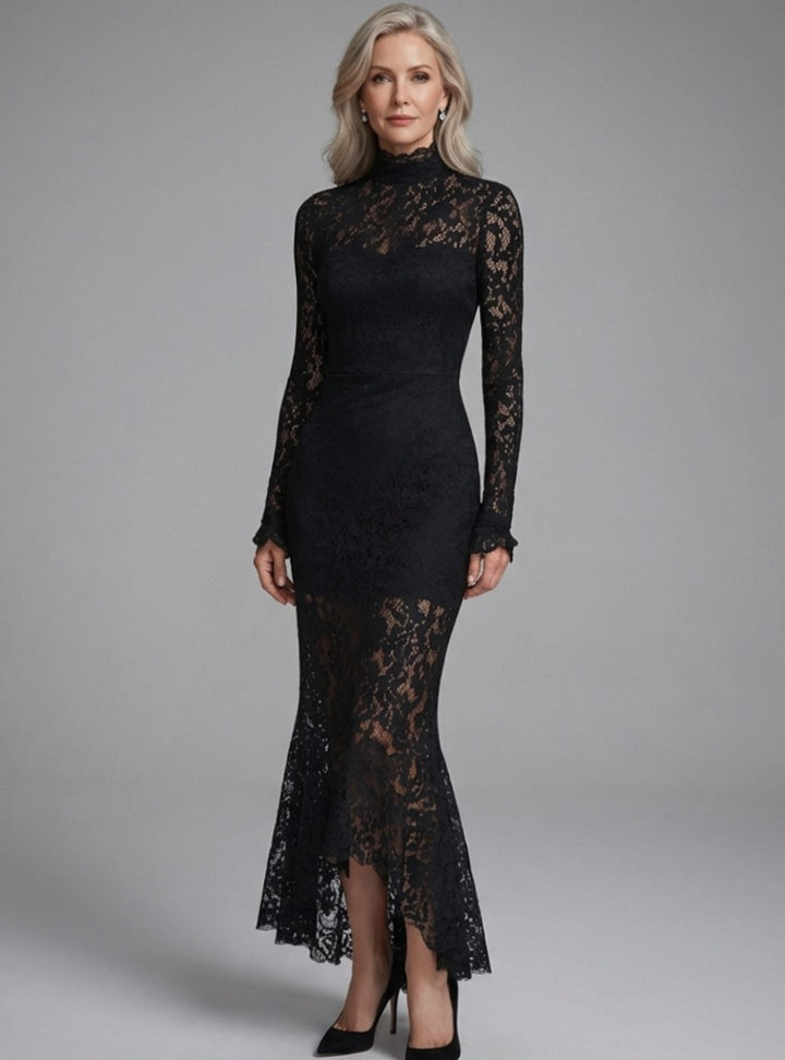 Women's Long Sleeve Mock-Neck Lace Maxi Dress - Black