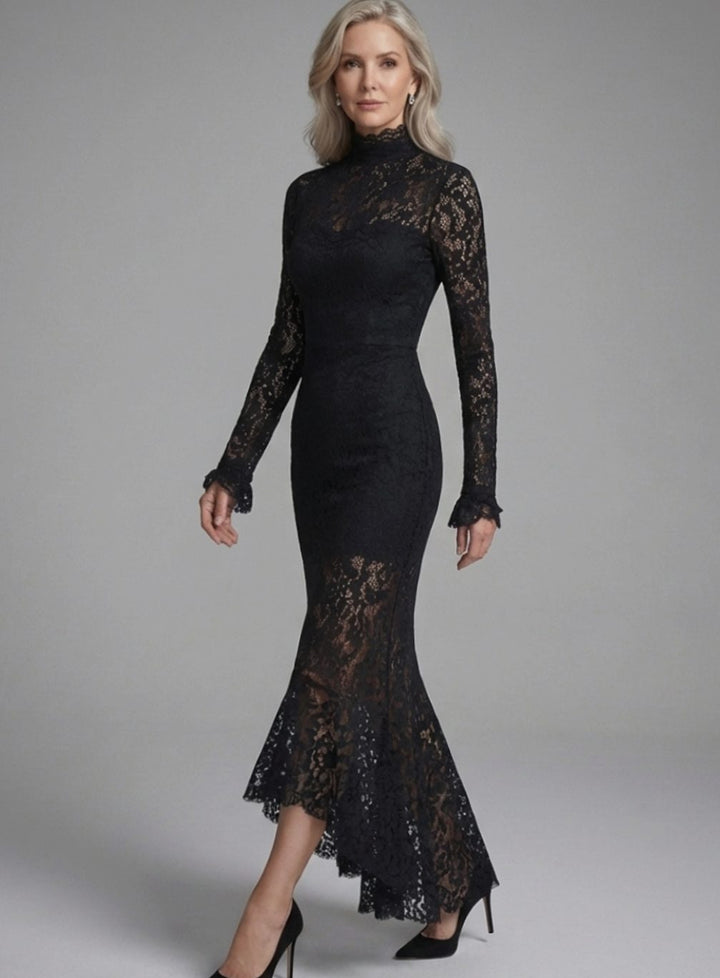 Women's Long Sleeve Mock-Neck Lace Maxi Dress
