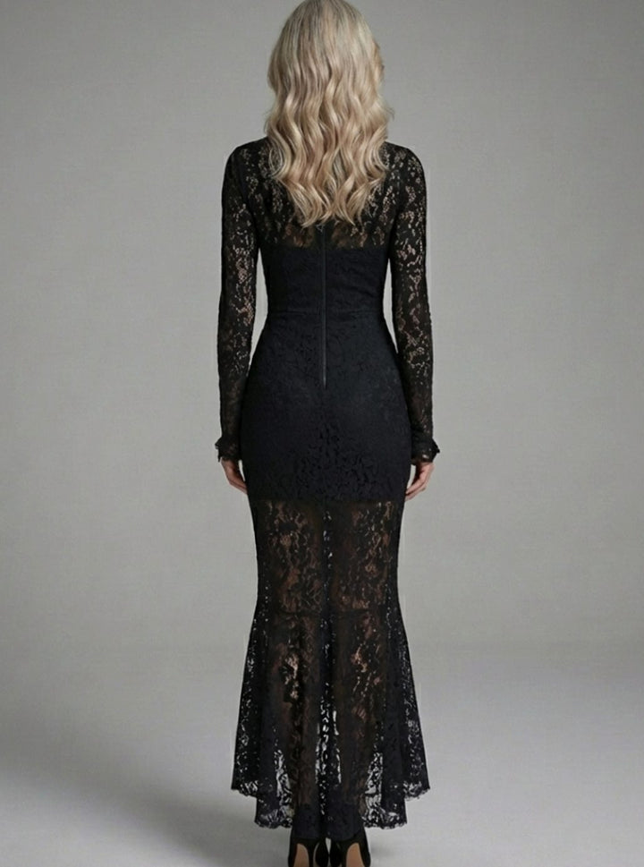 Women's Long Sleeve Mock-Neck Lace Maxi Dress