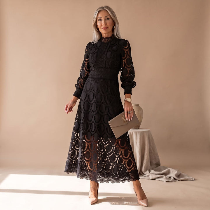 Women's Long-Sleeve Mock-Neck Midi Lace Dress - Black