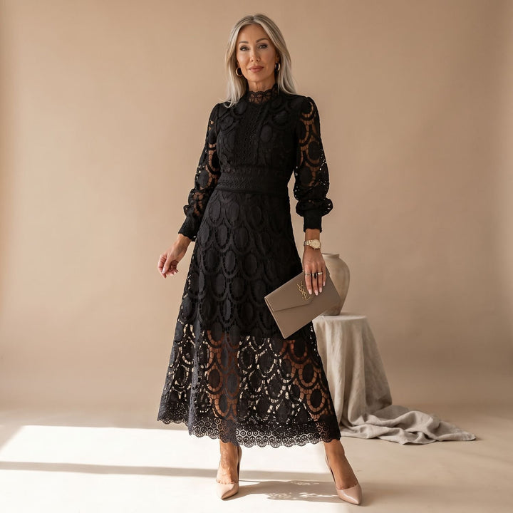 Women's Long-Sleeve Mock-Neck Midi Lace Dress