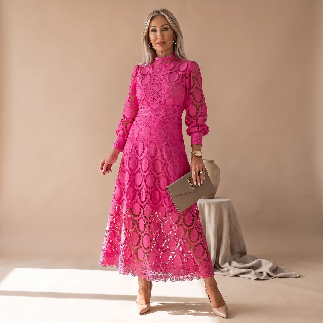 Women's Long-Sleeve Mock-Neck Midi Lace Dress - Pink