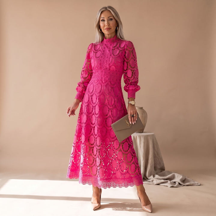Women's Long-Sleeve Mock-Neck Midi Lace Dress