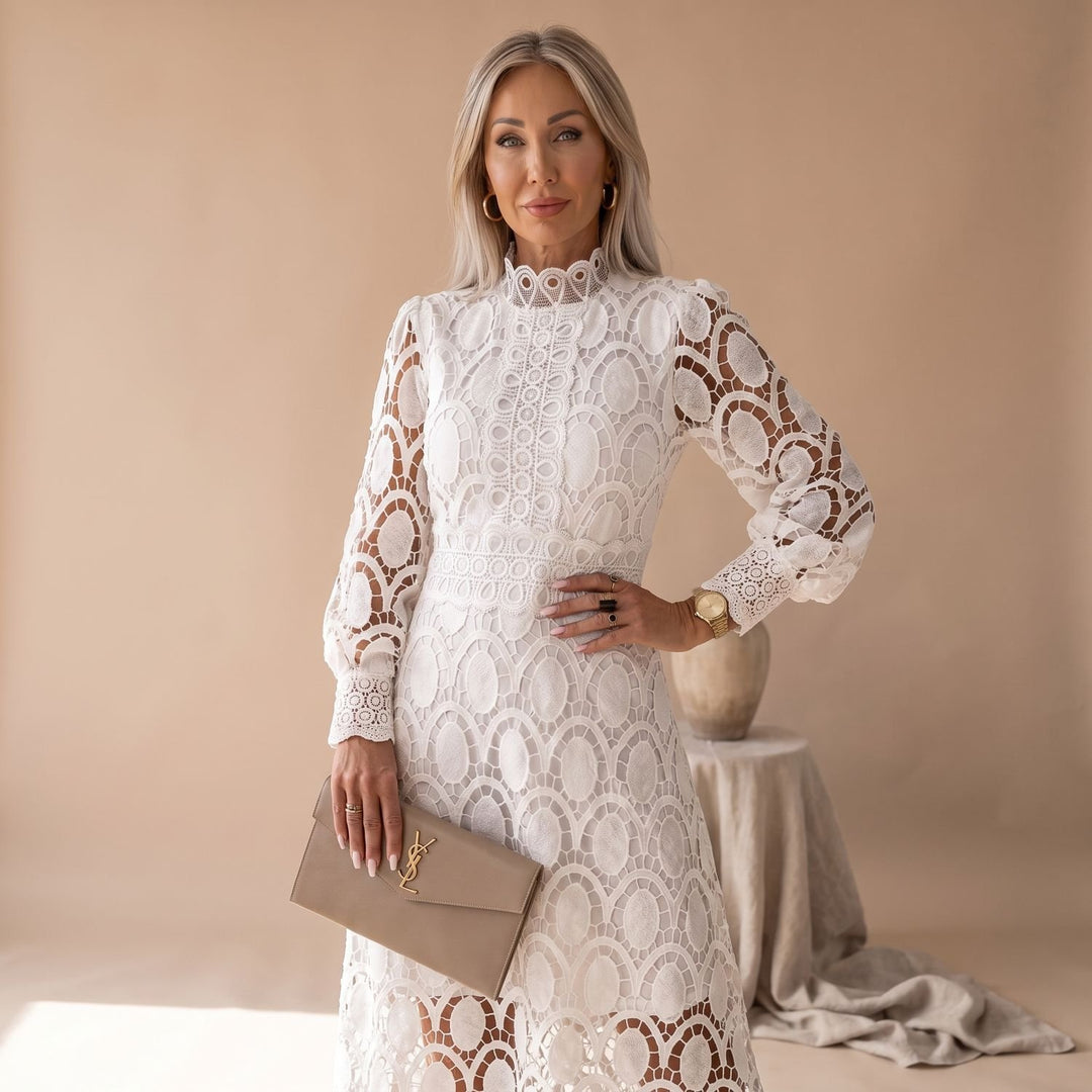 Women's Long-Sleeve Mock-Neck Midi Lace Dress - White