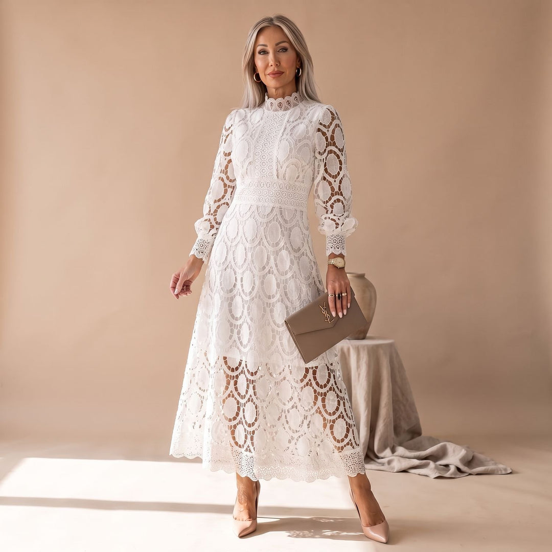 Women's Long-Sleeve Mock-Neck Midi Lace Dress
