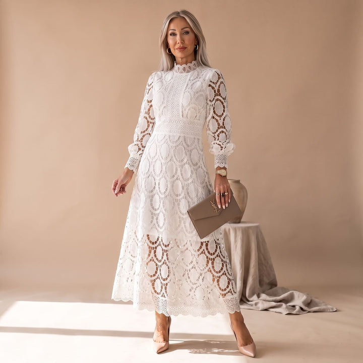 Women's Long-Sleeve Mock-Neck Midi Lace Dress