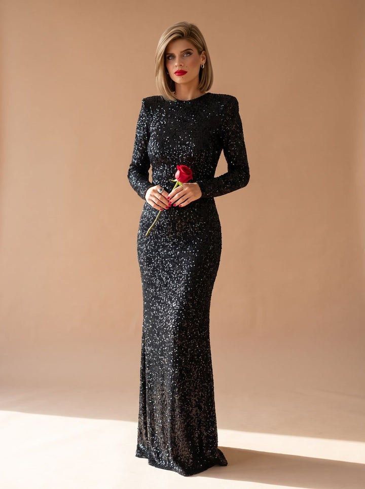 Women's Long-Sleeve Open-Back Sequin Maxi Dress