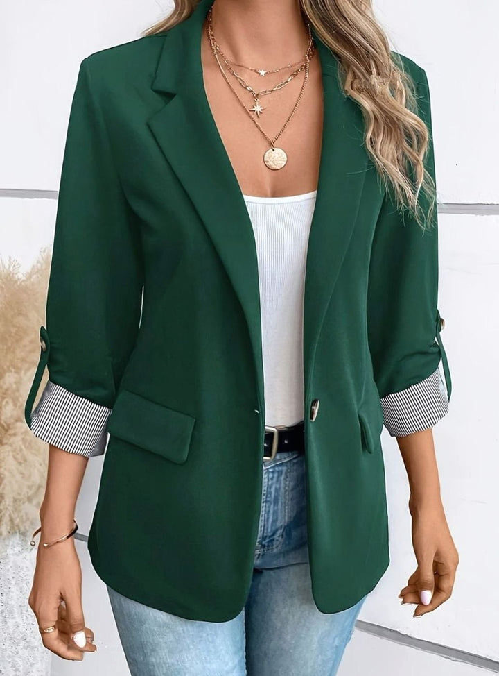 Women's Long-Sleeve Open-Front Striped-Cuff Office Blazer - Green