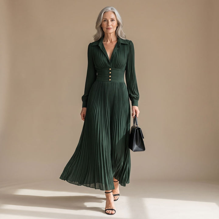 Women's Long Sleeve Pleated Maxi Dress Lapel High-Waist - Green