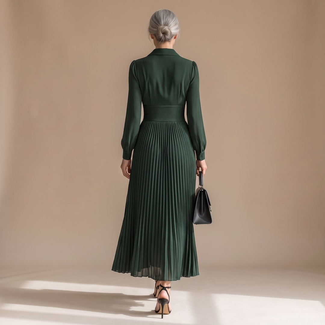 Women's Long Sleeve Pleated Maxi Dress Lapel High-Waist