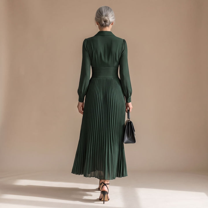 Women's Long Sleeve Pleated Maxi Dress Lapel High-Waist