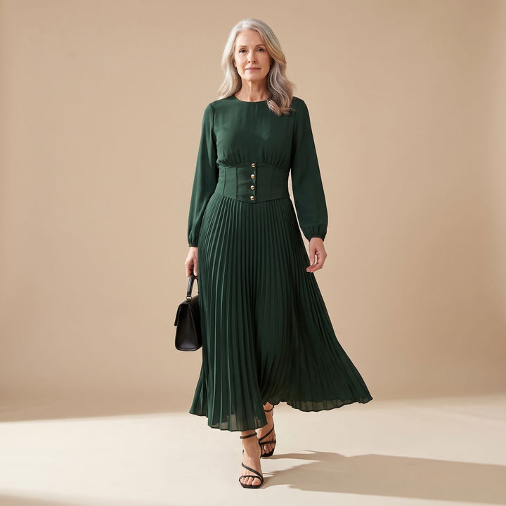 Women's Long Sleeve Pleated Maxi Dress Lapel High-Waist
