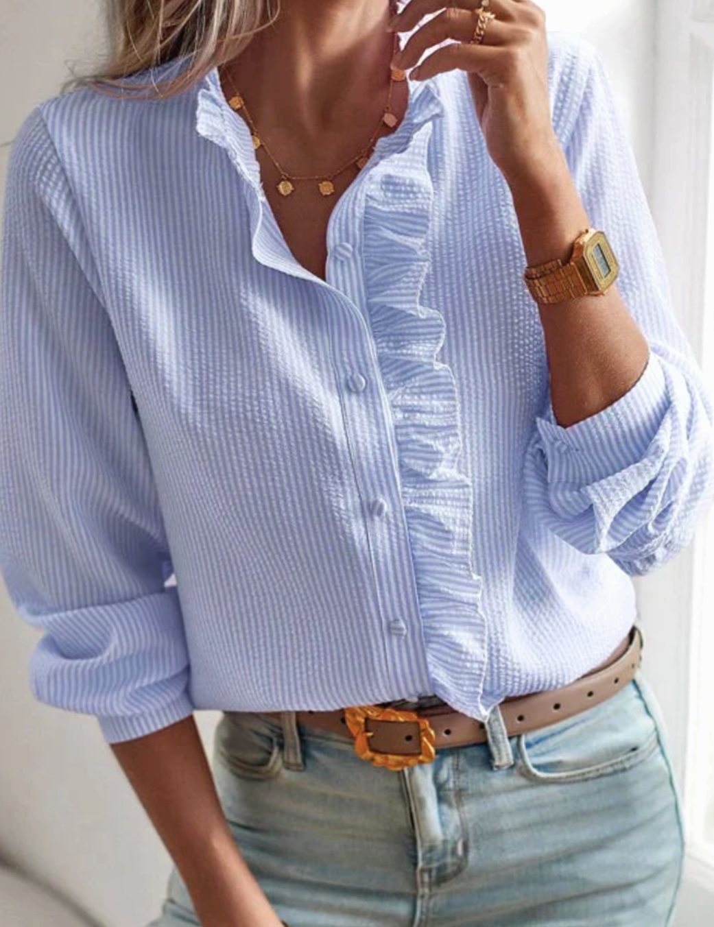 Women's Long-Sleeve Ruffle-Front Button-Down Work Blouse - Blue