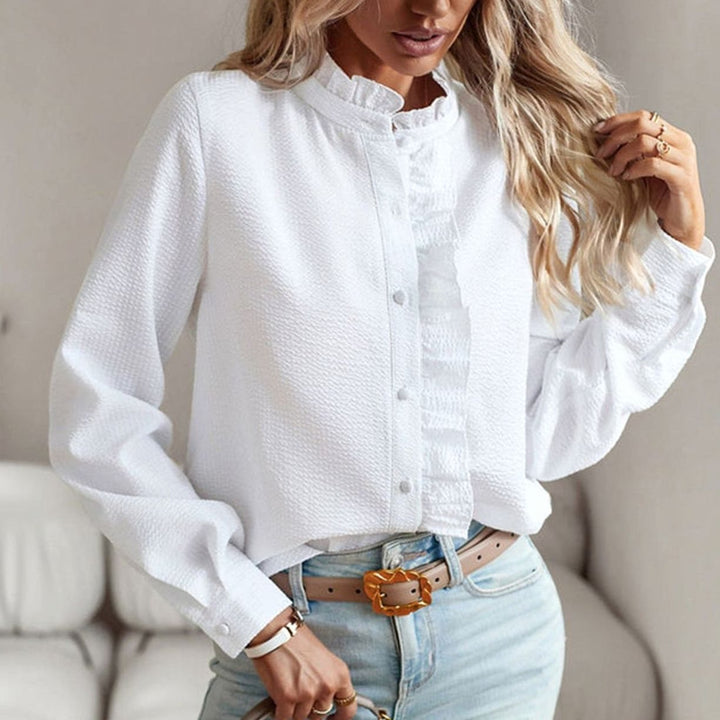 Women's Long-Sleeve Ruffle-Front Button-Down Work Blouse - White
