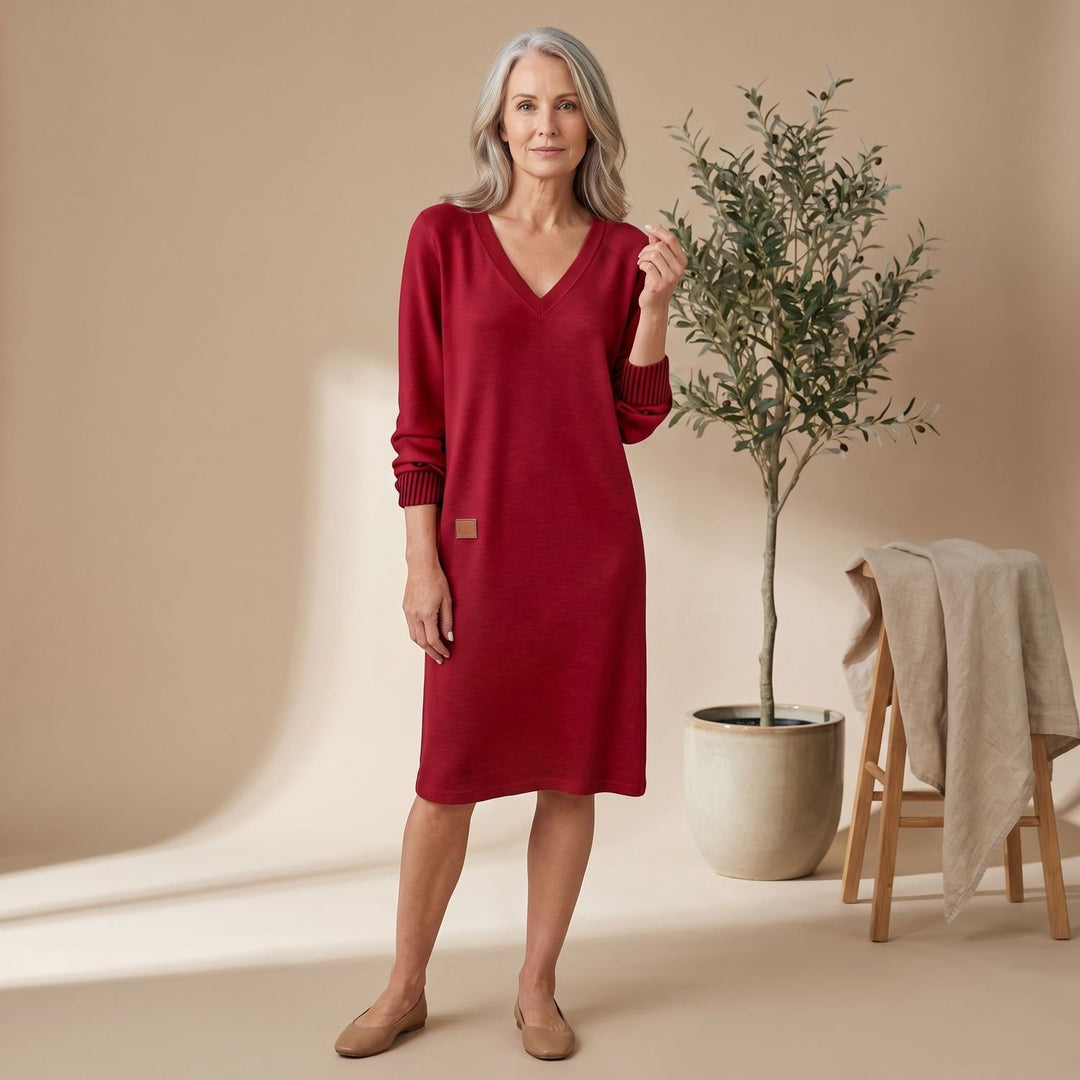 Women's Long Sleeve V-Neck Knit Cuff Midi Sweater Dress - Red