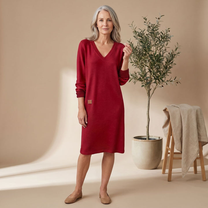 Women's Long Sleeve V-Neck Knit Cuff Midi Sweater Dress - Red