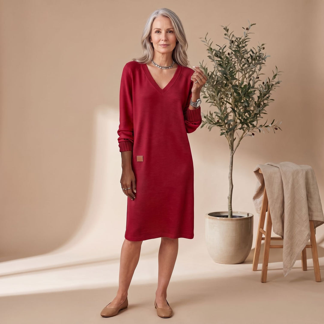 Women's Long Sleeve V-Neck Knit Cuff Midi Sweater Dress