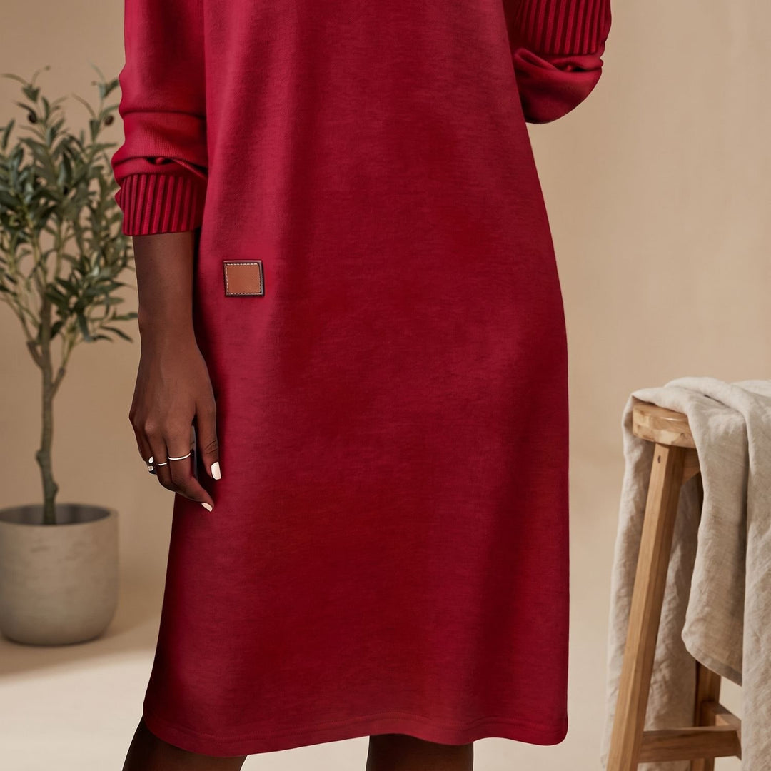 Women's Long Sleeve V-Neck Knit Cuff Midi Sweater Dress