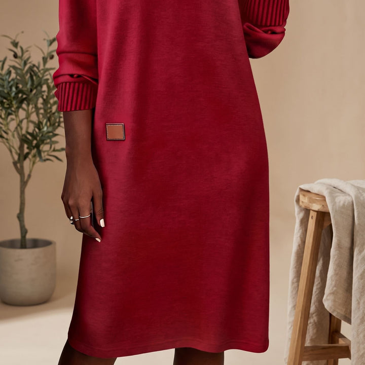 Women's Long Sleeve V-Neck Knit Cuff Midi Sweater Dress