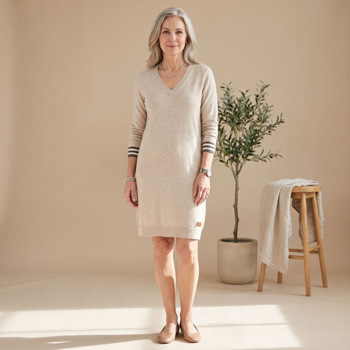 Women's Long Sleeve V-Neck Knit Cuff Midi Sweater Dress