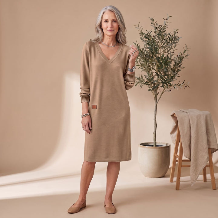 Women's Long Sleeve V-Neck Knit Cuff Midi Sweater Dress