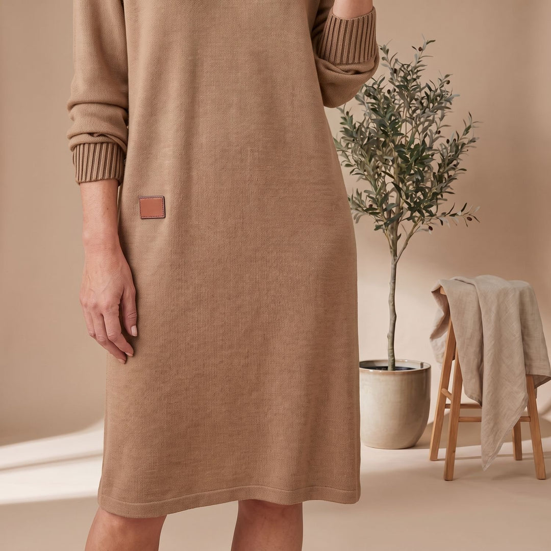 Women's Long Sleeve V-Neck Knit Cuff Midi Sweater Dress