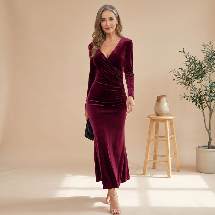 Women's Long-Sleeve V-Neck Ruched Velvet Formal Maxi Dress - Red