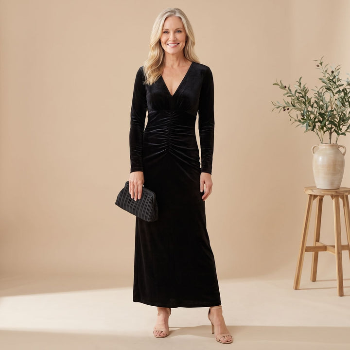 Women's Long-Sleeve V-Neck Ruched Velvet Formal Maxi Dress - Black