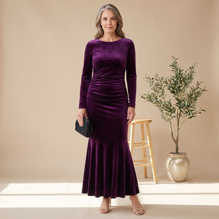 Women's Long-Sleeve V-Neck Ruched Velvet Formal Maxi Dress - Purple