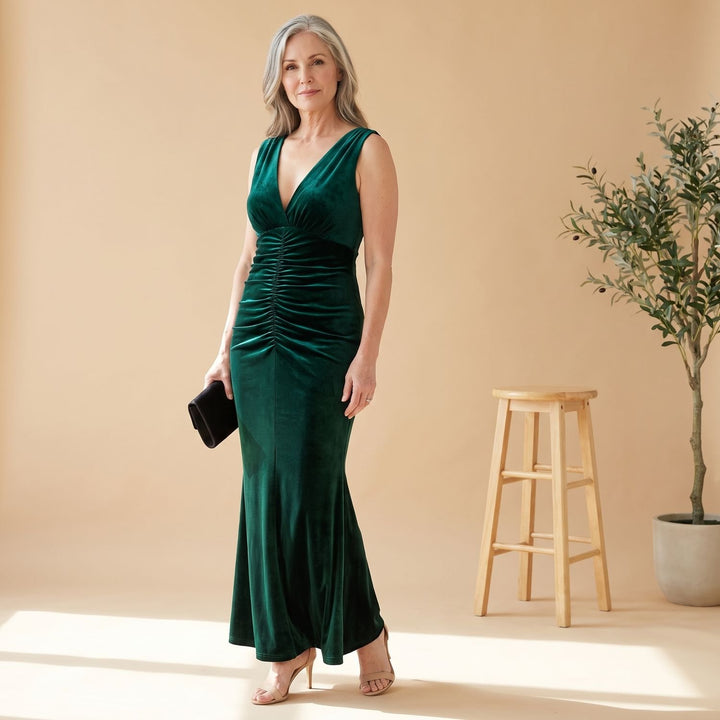 Women's Long-Sleeve V-Neck Ruched Velvet Formal Maxi Dress - Green