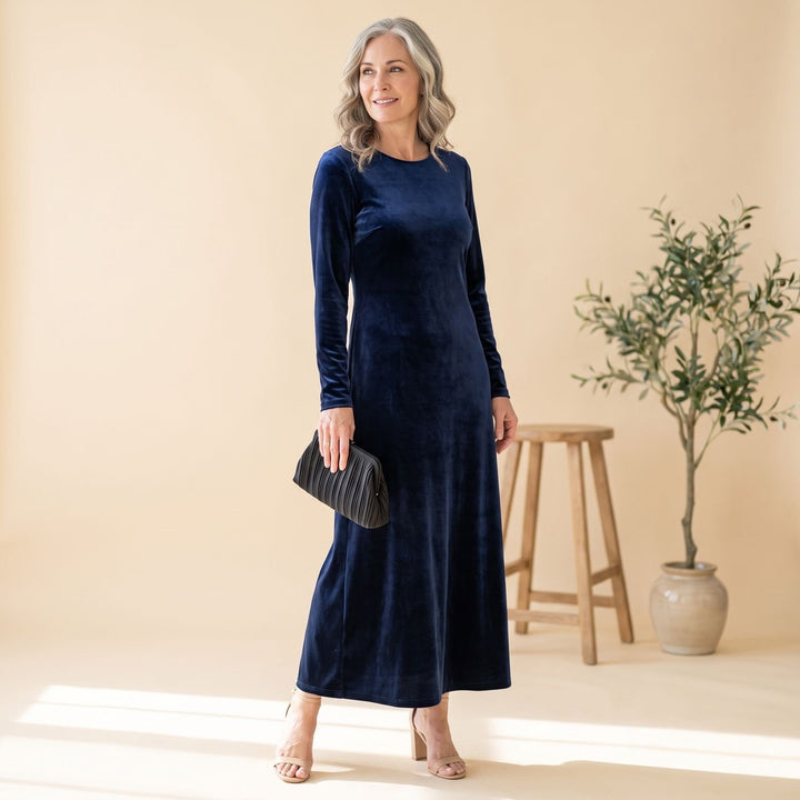 Women's Long-Sleeve V-Neck Ruched Velvet Formal Maxi Dress - Blue