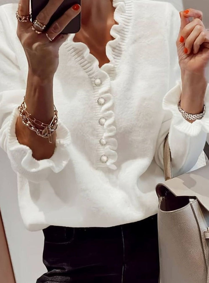 Women's Long-Sleeve V-Neck Ruffle Blouse Decorative Button Knit Top