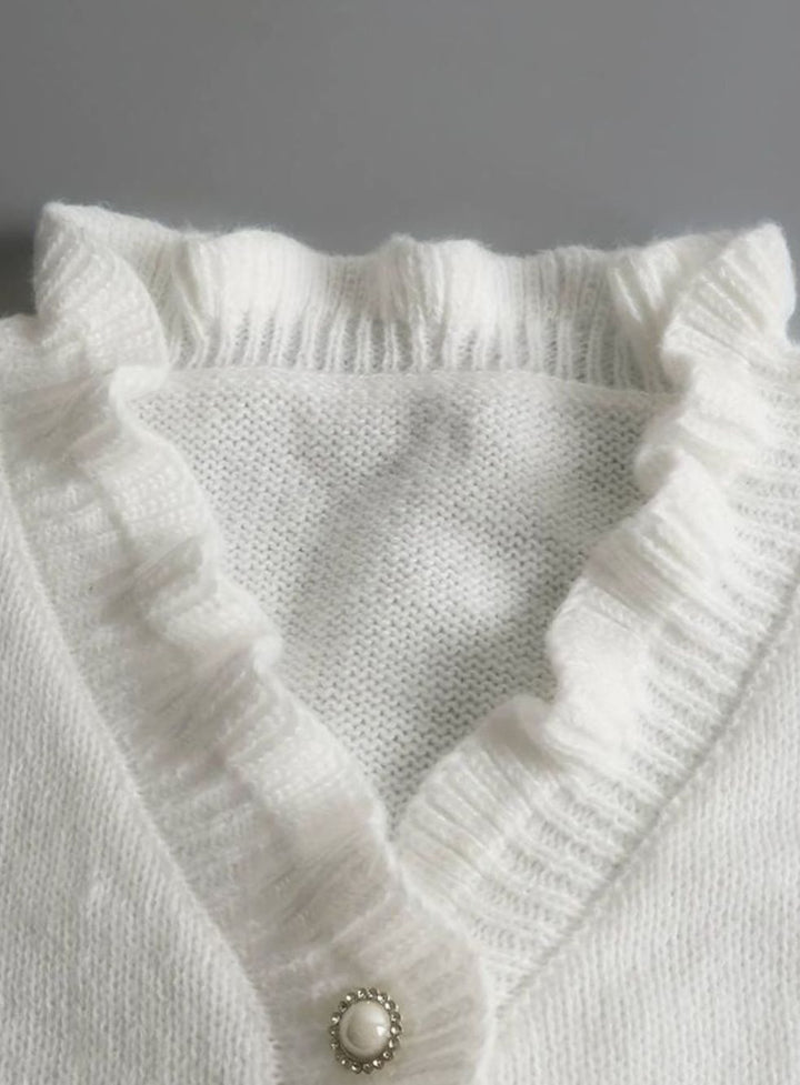 Women's Long-Sleeve V-Neck Ruffle Blouse Decorative Button Knit Top
