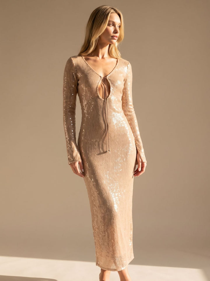 Women's Long-Sleeve V-Neck Sequin Maxi Dress - Light brown